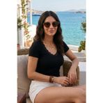 Lela Pamuklu Dantel Detaylı V Yaka Fitilli Bayan Bluz 5866933 SİYAH