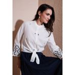 Lela Pamuklu Nakışlı Belden Bağlamalı Hakim Yaka Gömlek Bayan Gömlek 6110097 - Ekru - Indigo - S