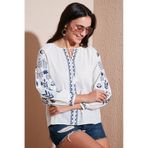 Lela Pamuklu Regular Fit Balon Kol Nakış Işlemeli Bayan Bluz 6110936 Ekru-Indigo