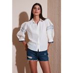 Lela Pamuklu Regular Fit Balon Truvakar Kol Bayan Gömlek 611GO0302 Ekru-İndigo
