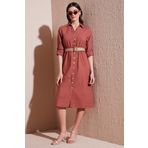 Lela Pamuklu Regular Fit Kemerli Midi Boy Gömlek Bayan Elbise 67810301 CAMEL