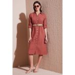 Lela Pamuklu Regular Fit Kemerli Midi Boy Gömlek Elbise Bayan Elbise 67810301 - Camel