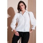 Lela Pamuklu Slim Fit Nakışlı Balon Kol Bayan Gömlek 676208 EKRU