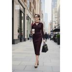 Lela Premium Fitilli V Yaka Slim Fit Midi Boy Triko Elbise Bayan Elbise 680EL00282 - Mürdüm