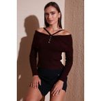 Lela Premium Fitted Fit Carmen Yaka Ip Askı Detaylı Triko Kazak Bayan Kazak 680KZ00076 - Bordo