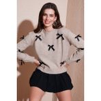 Lela Premium Regular Fit Bisiklet Yaka Fiyonk Detaylı Triko Kazak Bayan Kazak 680KZ00155 - Vizon