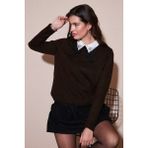 Lela Premium Regular Fit Gömlek Yaka Yumuşak Dokulu Fiyonk Detaylı Taşlı Kazak Bayan Kazak 680KZ00035 - Kahverengi - S