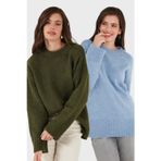 Lela Regular Fit Bisiklet Yaka Basic 2'li Paket Triko Bayan Kazak 4616213S2 Bebe Mavi-Haki