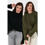 Lela Regular Fit Bisiklet Yaka Basic 2'li Paket Triko Bayan Kazak 4616213S2 HAKİ-SİYAH