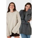 Lela Regular Fit Bisiklet Yaka Basic 2'li Paket Triko Kazak Bayan Kazak 4616213S2 - Antrasit - Taş - Standart