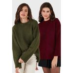 Lela Regular Fit Bisiklet Yaka Basic 2'li Paket Triko Kazak Bayan Kazak 4616213S2 - Bordo - Haki - Standart