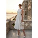 Lela Regular Fit Bisiklet Yaka Cepli Pileli Midi Boy Abiye Bayan Elbise 6111963 EKRU