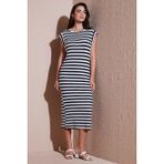 Lela Regular Fit Bisiklet Yaka Çizgili Midi Boy Bayan Elbise 5866105 LACİVERT-BEYAZ