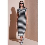 Lela Regular Fit Bisiklet Yaka Çizgili Midi Boy Bayan Elbise 5866105 SİYAH-BEYAZ
