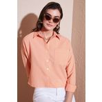Lela Regular Fit Çizgili Göğüs Cepli Dokulu Bayan Gömlek 6772870 ORANJ