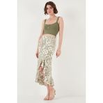Lela Regular Fit Desenli Yüksek Bel Volanlı Midi Boy Yırtmaçlı Etek Bayan Etek 5869013 - Olive