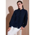 Lela Regular Fit Dikiş Detaylı Düz Yaka Balon Kol Gömlek Bayan Gömlek 611GO00003 - Lacivert - XL