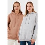 Lela Regular Fit Pamuklu Kapüşonlu Yaka Şardonlu Kışlık 2'li Paket Bayan Sweat 5863854S2 Gri Melanj-Bisküvi