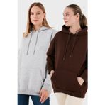 Lela Regular Fit Pamuklu Kapüşonlu Yaka Şardonlu Kışlık 2'li Paket Bayan Sweat 5863854S2 Gri Melanj-Kahve
