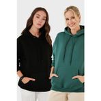 Lela Regular Fit Pamuklu Kapüşonlu Yaka Şardonlu Kışlık 2'li Paket Bayan Sweat 5863854S2 Nefti-Siyah