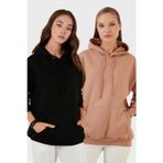 Lela Regular Fit Pamuklu Kapüşonlu Yaka Şardonlu Kışlık 2'li Paket Bayan Sweat 5863854S2 SİYAH-BİSKÜVİ