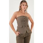 Lela Regular Fit Straplez Yaka Düğmeli Bayan Yelek 6839611 HAKİ