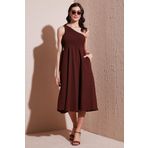 Lela Regular Fit Tek Omuz Belden Açılan Gipeli Midi Boy Bayan Elbise 67810248 KAHVE