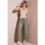 Lela Relaxed Fit Normal Bel Geniş Paça Çİft Cepli Keten Bayan Pantolon 668YP4991 HAKİ