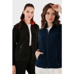 Lela Slim Fit Anti-Pilling Tüylenme Yapmayan Fermuarlı Cepli Hırka 2' li Paket Bayan Polar 5907002S2 LACİVERT-SİYAH