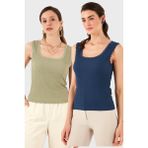 Lela Slim Fit Kalın Dantelli Kare Yaka Bürümcük 2'li Paket Atlet Bayan Atlet 5864979S2 - Açık Yeşil - Lacivert