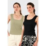 Lela Slim Fit Kalın Dantelli Kare Yaka Bürümcük 2'li Paket Atlet Bayan Atlet 5864979S2 - Siyah - Olive