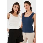 Lela Slim Fit Kalın Dantelli Kare Yaka Bürümcük 2'li Paket Bayan Atlet 5864979S2 Ekru-İndigo