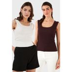 Lela Slim Fit Kalın Dantelli Kare Yaka Bürümcük 2'li Paket Bayan Atlet 5864979S2 EKRU-VİŞNE