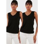 Lela Slim Fit V Yaka Kalın Askılı 2' li Paket Bayan Bluz 5864384S2 SİYAH-SİYAH