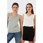 Lela Slim Fit V Yaka Kalın Askılı 2' Li Paket Bluz Bayan Bluz 5864384S2 - Çağla - Ekru