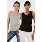 Lela Slim Fit V Yaka Kalın Askılı 2' Li Paket Bluz Bayan Bluz 5864384S2 - Çağla - Siyah