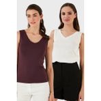 Lela Slim Fit V Yaka Kalın Askılı 2' Li Paket Bluz Bayan Bluz 5864384S2 - Ekru - Bordo