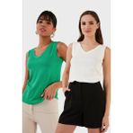 Lela Slim Fit V Yaka Kalın Askılı 2' Li Paket Bluz Bayan Bluz 5864384S2 - Ekru - Yeşil