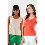 Lela Slim Fit V Yaka Kalın Askılı 2' Li Paket Bluz Bayan Bluz 5864384S2 - Nar - Çiceği