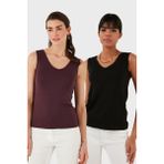 Lela Slim Fit V Yaka Kalın Askılı 2' Li Paket Bluz Bayan Bluz 5864384S2 - Siyah - Bordo