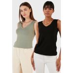 Lela Slim Fit V Yaka Kalın Askılı 2' Li Paket Bluz Bayan Bluz 5864384S2 - Siyah - Olive