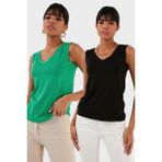 Lela Slim Fit V Yaka Kalın Askılı 2' Li Paket Bluz Bayan Bluz 5864384S2 - Siyah - Yeşil