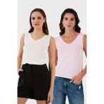 Lela Slim Fit V Yaka Kalın Askılı 2' Li Paket Bluz Bayan Bluz 5864384S2 - XL - Ekru - Pembe