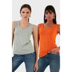 Lela Slim Fit V Yaka Kalın Askılı 2' Li Paket Bluz Bayan Bluz 5864384S2 - Yeşil - Turuncu