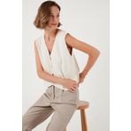 Lela Standart Fit V Yaka Düğmeli Triko Bayan Yelek 4616177 TAŞ