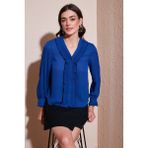 Lela Standart Fit V Yaka Fırfırlı Uzun Kollu Gömlek Bayan Gömlek 611GO00341 - Saks - XL