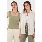 Lela Streç Pamuklu Oversize Fit 2' Li Paket Gömlek-Atlet Set Bayan Gömlek-Atlet Set 67810014979S2 - Yeşil - Bej