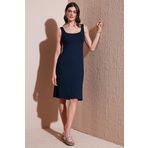 Lela Streç Slim Fit Kare Yaka Kalın Askılı Midi Boy Bayan Elbise 5866102 LACİVERT