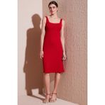 Lela Streç Slim Fit Kare Yaka Kalın Askılı Midi Boy Elbise Bayan Elbise 5866102 - Kırmızı