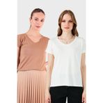 Lela V Yaka Relaxed Fit Yırtmaç Detaylı 2'li Paket Bayan Bluz 5862000S2 Ekru-Bisküvi